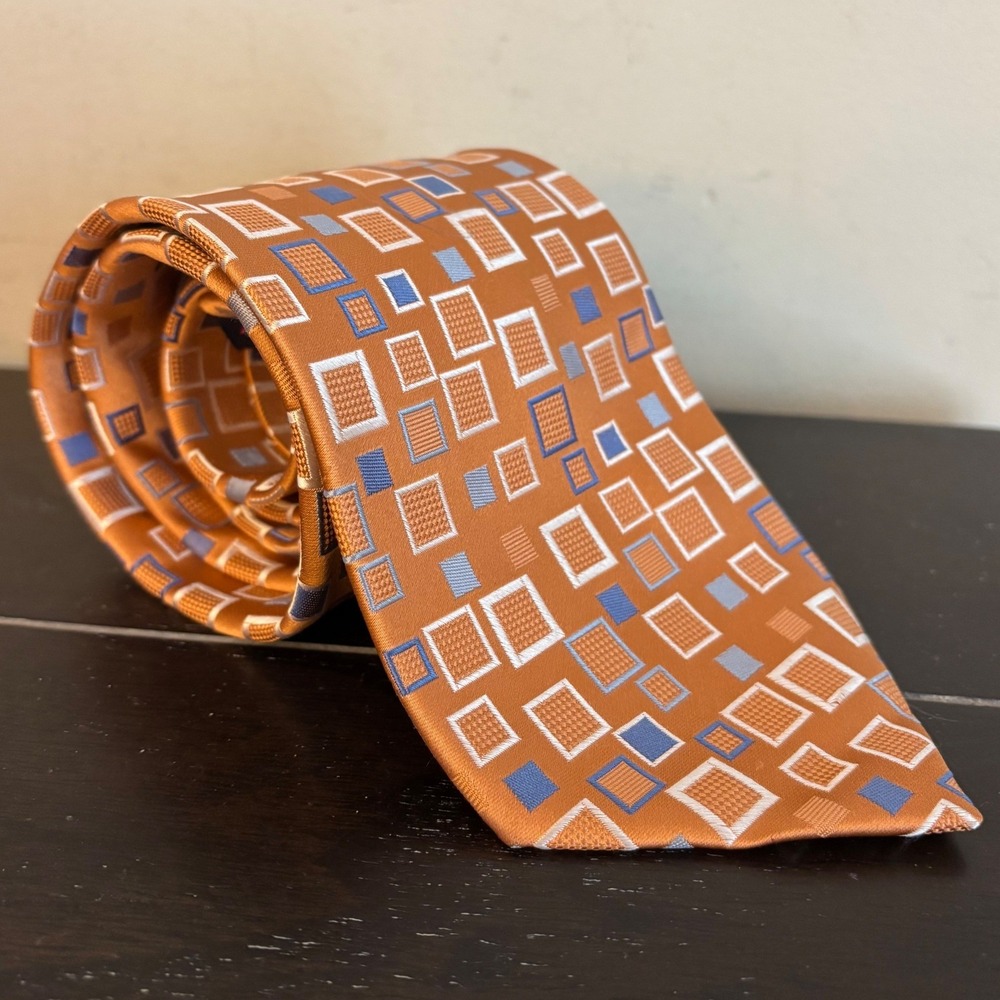 Rooster Mens 100% Silk Geometric Square Pattern Necktie Orange Blue‎ White 58in
